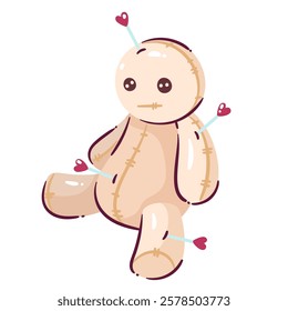 Cartoon Cursed doll. Voodoo doll with needles, pins with hearts and stitches. A magical tool for sorcery. Anti Valentine's day concept, cartoon vector illustration.