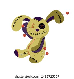 Cartoon cursed soft bunny toy. Voodoo doll with needles. Halloween decor. Magical tool for witchcraft. Flat illustration on white background.