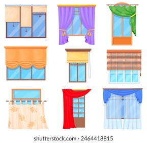 Cartoon curtains types. Hanging curtain on windows, hang fabric or closed roller blinds for luxury hotel room office home kitchen window decor interior, neat vector illustration of interior curtain