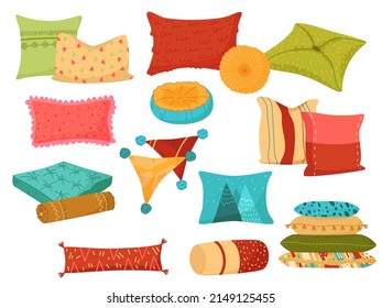 Cartoon cushion. Different shapes pillows, bed or sofa soft accessories, household cozy elements, patterned interior textile objects, bedroom or living room comfort accessory vector set