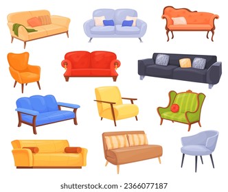 Cartoon cushioned furniture. Contemporary sofa soft couch ottoman modern office house living room, vintage divan fabric upholstery comfortable chairs, vector illustration of furniture interior sofa