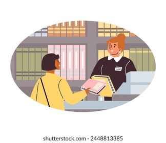 Cartoon customer buying books in shop vector illustration. Cute girl in the library or bookstore hear the counter. Education and reading concept. Happy booklover in oval frame