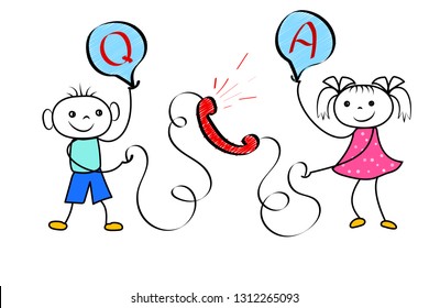Cartoon customer calling to user hotline operator. Happy stickman boy communicating with support service operator and asking for help.
