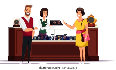 Cartoon customer and sellers in watch salon. Woman choosing gift for relative. Saleswoman consulting male character show new clock model. Wristwatch on glass showcase. Vector illustration