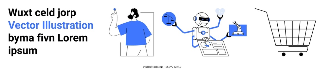 Cartoon of a customer service agent, a robot handling various tasks and an empty shopping cart. Ideal for technology, ecommerce, customer support, AI integration and digital marketing. Banner