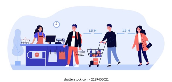 Cartoon customers in supermarket keeping distance. Prevention of disease transmission while shopping flat vector illustration. Social distancing, coronavirus, health concept for banner, website design