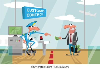Cartoon customs officer and  passenger with money at the airport