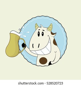 Cartoon cut cow with jug of milk. Vector illustration for packaging design for milk products.