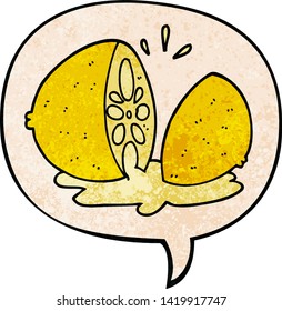 cartoon cut lemon with speech bubble in retro texture style