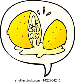 cartoon cut lemon with speech bubble in smooth gradient style