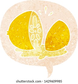 cartoon cut lemon with speech bubble in grunge distressed retro textured style