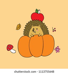 Cartoon cut little hedgehog and giant pumpkin vector.
