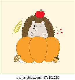 Cartoon cut little hedgehog and giant pumpkin vector.