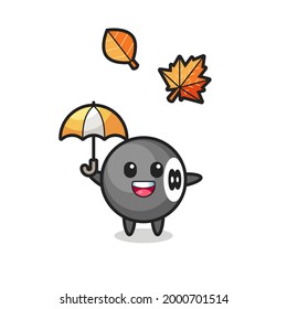 cartoon of the cute 8 ball billiard holding an umbrella in autumn , cute style design for t shirt, sticker, logo element