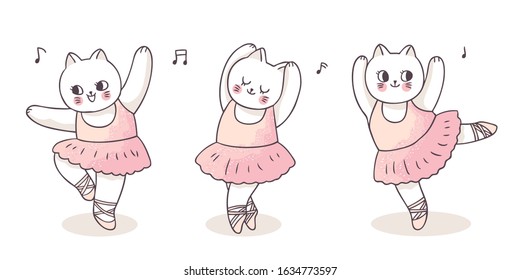 Cartoon cute actions ballerina cats dancing vector.