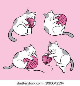 Cartoon Cute Actions Cat Playing Yarn Vector.