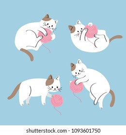 Cartoon cute actions cat playing pink yarn vector.