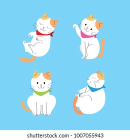 Cartoon cute actions orange and white cat vector. Blue background.