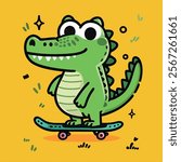 Cartoon, cute, adorable, alligator, crocodiles, dinosaur, animal, skateboard, cheerful expression, vibrant, playful, yellow background, stars, dots, grass shapes, art, cartoon logo, design, dino