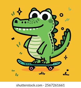 Cartoon, cute, adorable, alligator, crocodiles, dinosaur, animal, skateboard, cheerful expression, vibrant, playful, yellow background, stars, dots, grass shapes, art, cartoon logo, design, dino