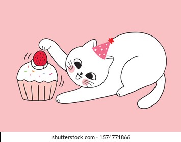 Cartoon cute adorable cat playing strawberry cupcake vector.