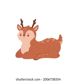 Cartoon cute adorable deer, isolated on white background. Poster for baby room. Childish print for nursery. Vector flat illustration.