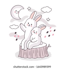 Cartoon cute adorable family white rabbits sitting on log  and looking star on the sky vector.