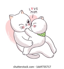 Cartoon cute adorable mother and baby cat kissing vector.