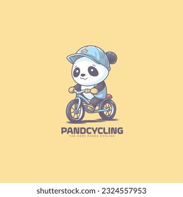 cartoon cute adorable panda wearing a hat riding a bicycle. panda playing bicycle mascot logo vector illustration