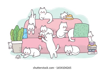 Cartoon cute adorable white cats playing on pink sofa vector.