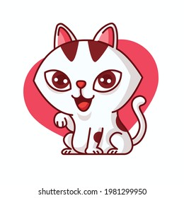 Cartoon cute adorable white female cat paw up with smile on love shape background vector mascot