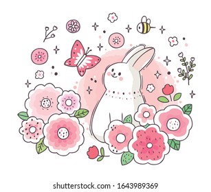 Cartoon cute adorable white rabbit and  butterfly and garden flower vector.