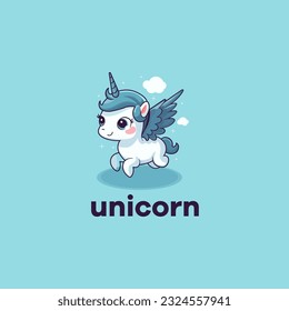 cartoon cute adorable white unicorn with blue wings flying. unicorn flying mascot logo vector illustration