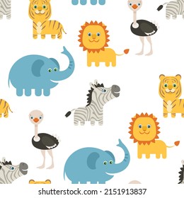 Cartoon cute African animals seamless pattern. Baby background. Funny zebra, blue elephant, yellow lion, tiger and ostrich. Vector flat illustration.