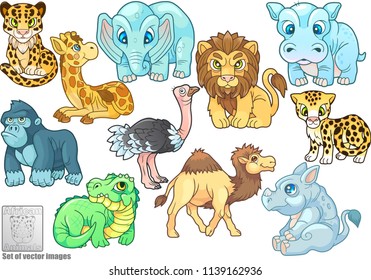 cartoon cute african animals, set of vector illustrations