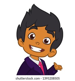 Cartoon cute afro-american boy businessman. Vector illustration of arab or indian boy presenting