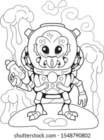 cartoon cute alien, coloring book, funny illustration
