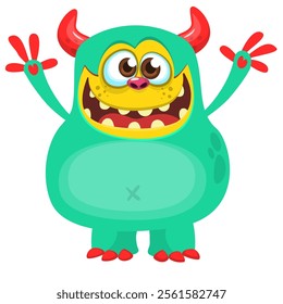 Cartoon cute alien with funny excited face expression waving hands . Vector illustration isolated on white. Halloween design