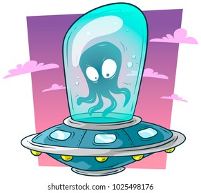 Cartoon cute alien monster octopus flying in ufo spaceship on violet background with clouds. Vector icon.