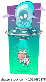 Cartoon cute alien monster octopus flying in ufo spaceship and stealing cow on violet background with clouds. Vector icon.