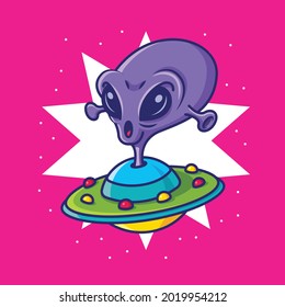 Cartoon cute Alien riding spaceship UFO in star galaxy background. Vector character