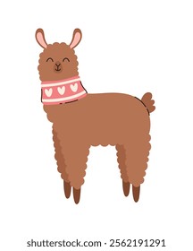 Cartoon cute alpaca wearing a scarf. Flat vector illustration.