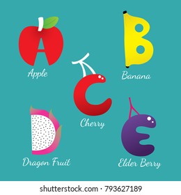 Cartoon cute alphabet A-E fruits, Green background vector.