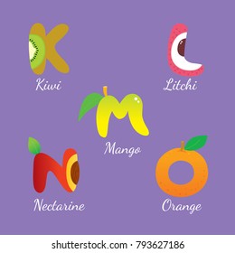 Cartoon cute alphabet K-O fruits, Purple background vector.