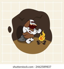 cartoon of a cute ancient white dog warming his body at a campfire in a cave