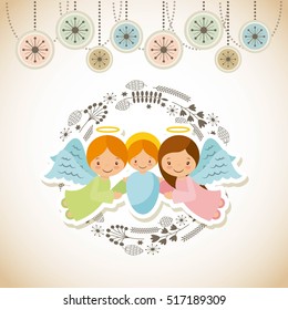 cartoon cute angels and baby jesus with decorative elements. card of merry christmas design. vector illustration
