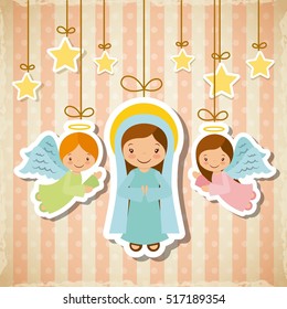 cartoon cute angels and virgin mary with decorative stars hanging. card of merry christmas design. vector illustration