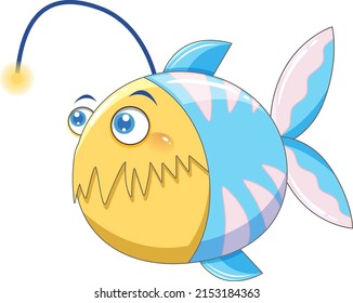 Cartoon cute anglerfish in blue color illustration
