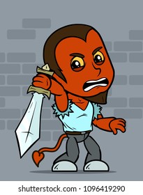 Cartoon cute angry little brunette red devil boy character in blue shirt with big sword. On gray background. Vector icon.
