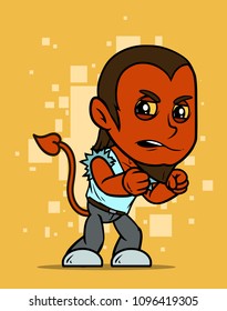 Cartoon cute angry little brunette red devil boy character standing in combat stance in blue shirt. On yellow background. Vector icon.